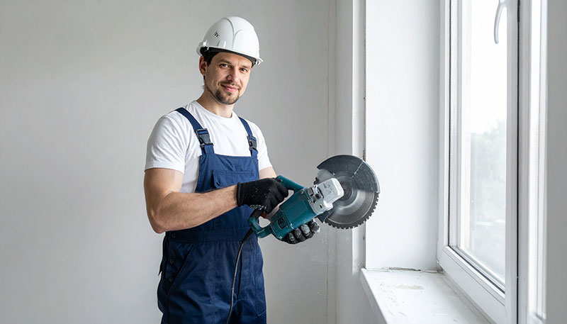 Handwerker im Trockenbau mit einer Kreissäge in der Hand vor einem Fensterausschnitt
