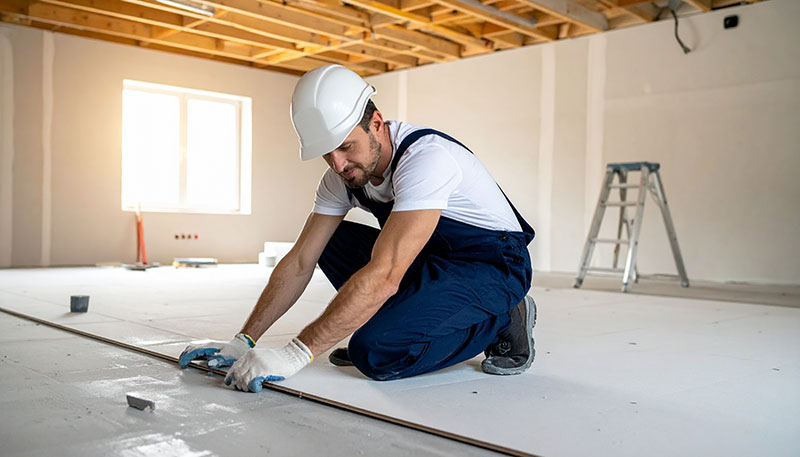 Handwerker im Akustikbau verlegt Schallschutz Fußboden