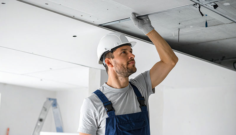 Handwerker prüft Decken-Brandschutzverkleidung